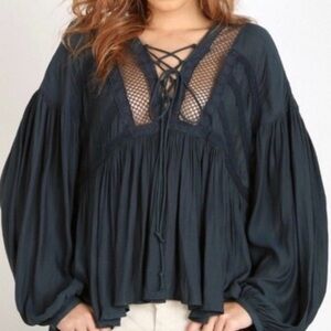Free People Black Boho Lace-Up Blouse | Mesh Yoke | Medium